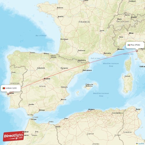 Pisa - Lisbon direct flight map