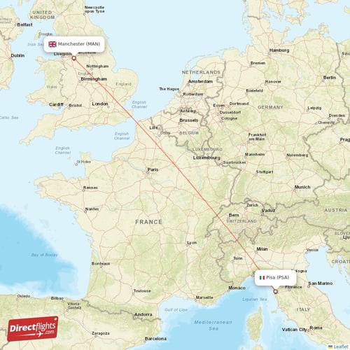 Pisa - Manchester direct flight map