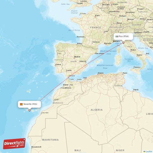 Pisa - Tenerife direct flight map