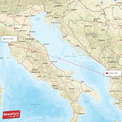 Pisa - Tirana direct flight map