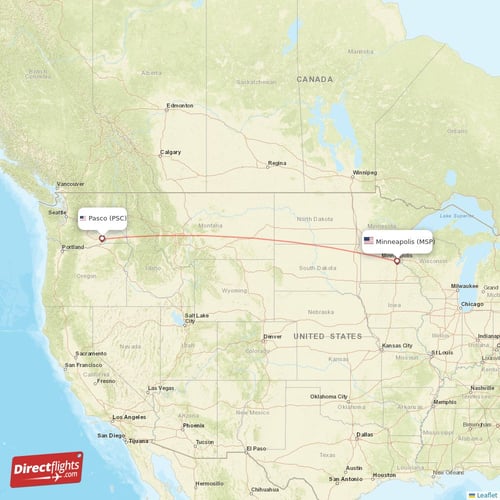Pasco - Minneapolis direct flight map