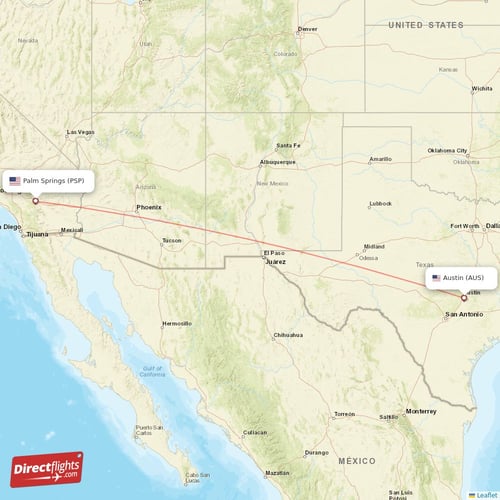 Palm Springs - Austin direct flight map