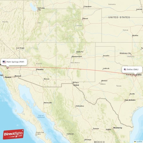 Palm Springs - Dallas direct flight map