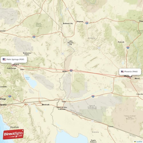 Palm Springs - Phoenix direct flight map