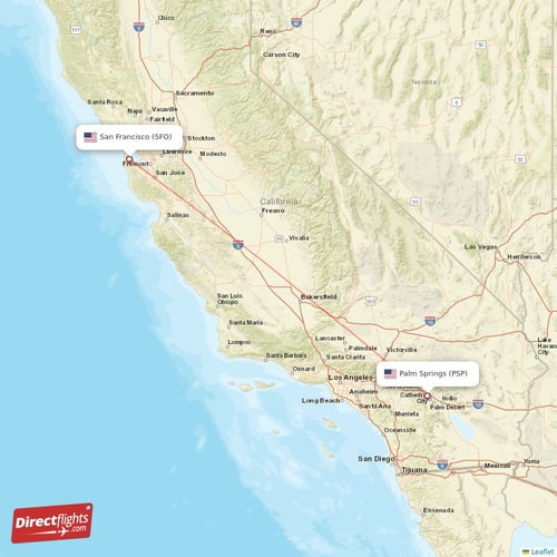 Palm Springs - San Francisco direct flight map
