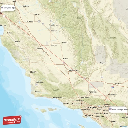 Palm Springs - San Jose direct flight map