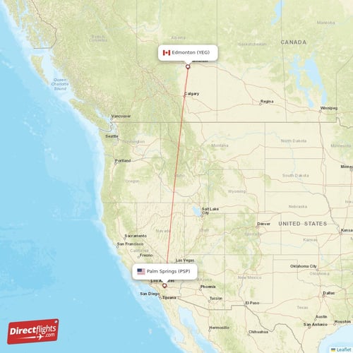 Palm Springs - Edmonton direct flight map