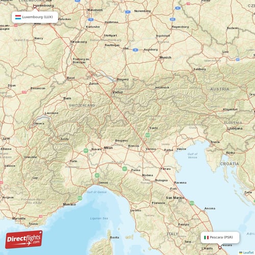 Pescara - Luxembourg direct flight map