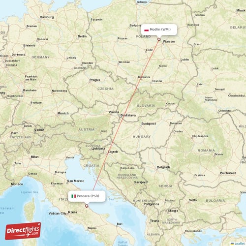 Pescara - Modlin direct flight map