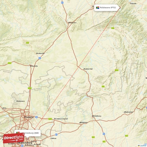 Polokwane - Johannesburg direct flight map