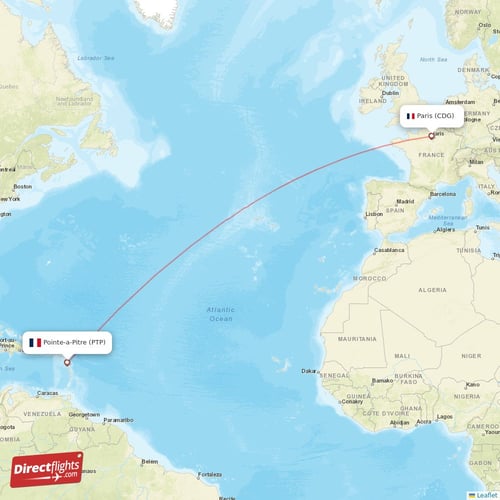 Pointe-a-Pitre - Paris direct flight map