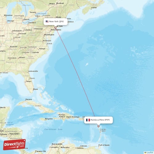 Pointe-a-Pitre - New York direct flight map