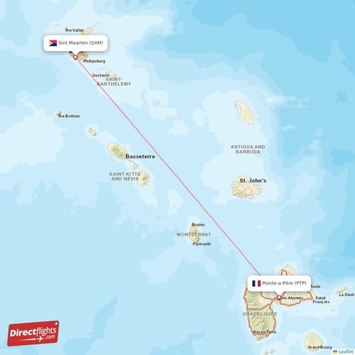 Pointe-a-Pitre - Sint Maarten direct flight map