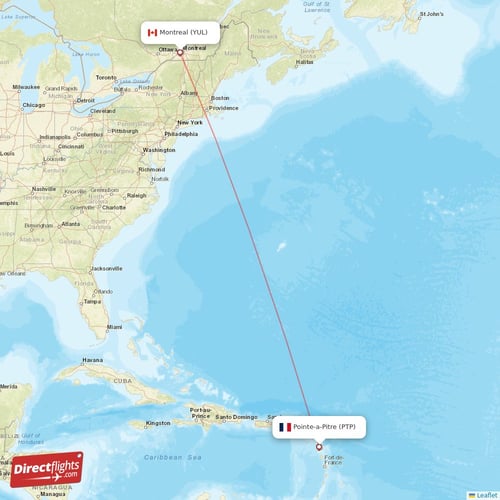 Pointe-a-Pitre - Montreal direct flight map