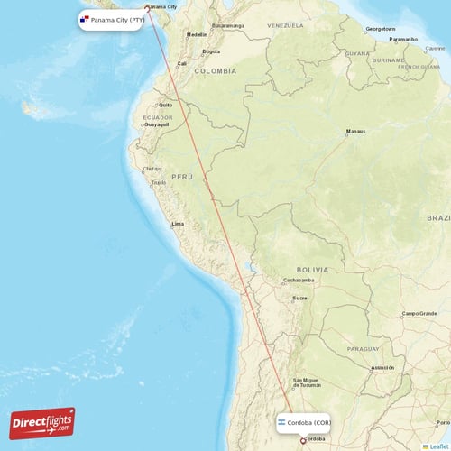 Panama City - Cordoba direct flight map