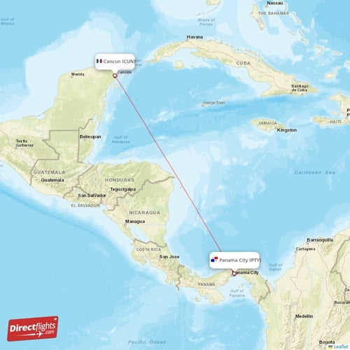 Panama City - Cancun direct flight map