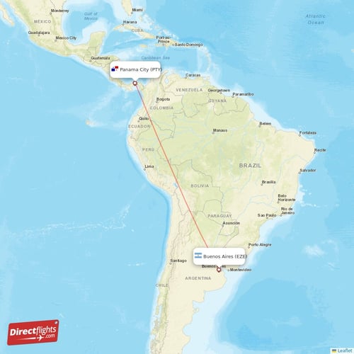 Panama City - Buenos Aires direct flight map
