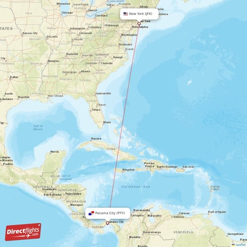 Panama City - New York direct flight map