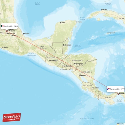 Panama City - Mexico City direct flight map