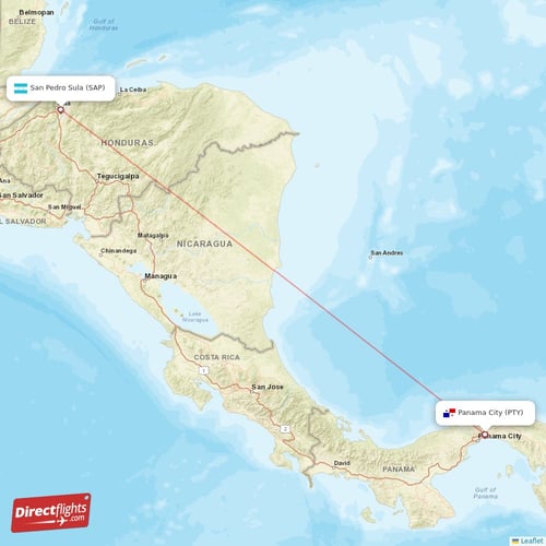 Panama City - San Pedro Sula direct flight map