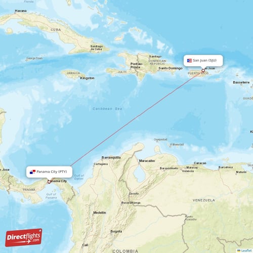 Panama City - San Juan direct flight map