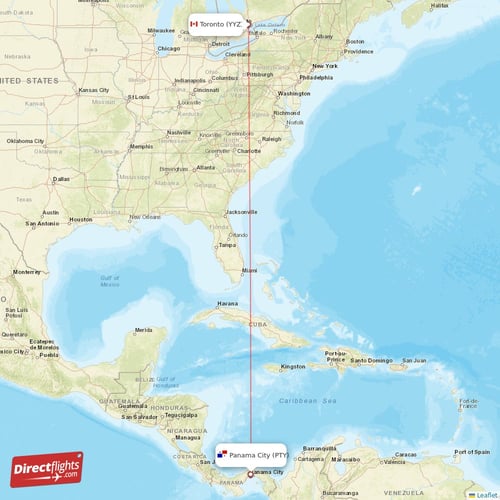 Panama City - Toronto direct flight map