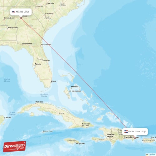 Punta Cana - Atlanta direct flight map