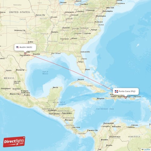 Punta Cana - Austin direct flight map