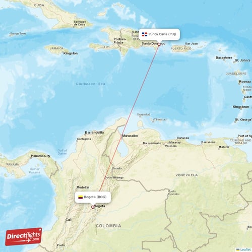 Punta Cana - Bogota direct flight map
