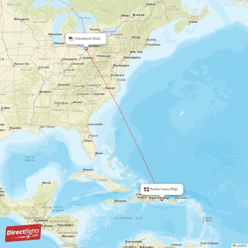 Punta Cana - Cleveland direct flight map