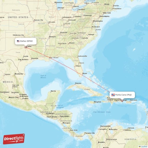 Punta Cana - Dallas direct flight map