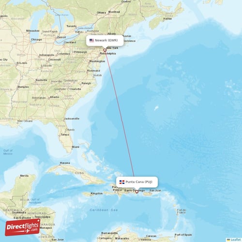 Punta Cana - New York direct flight map