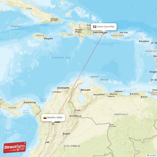 Punta Cana - Medellin direct flight map