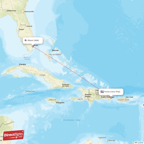 Punta Cana - Miami direct flight map