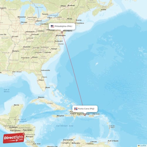Punta Cana - Philadelphia direct flight map