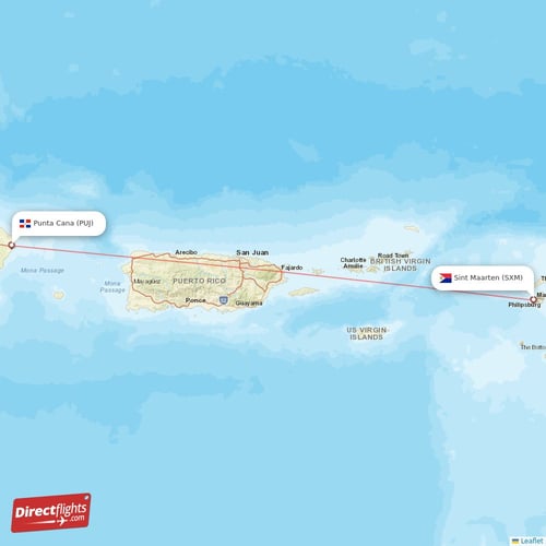 Punta Cana - Sint Maarten direct flight map