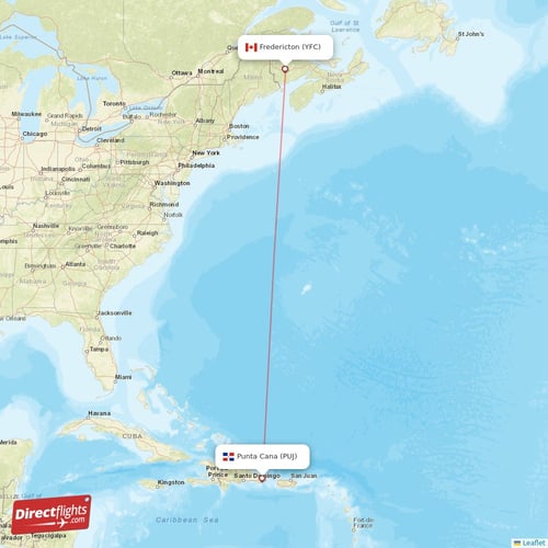 Punta Cana - Fredericton direct flight map