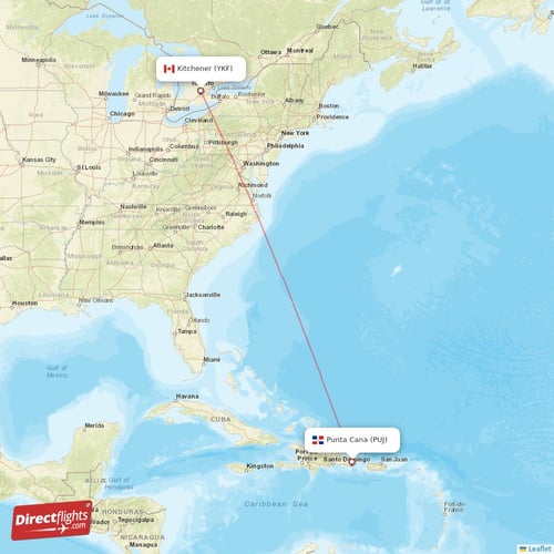Punta Cana - Kitchener direct flight map
