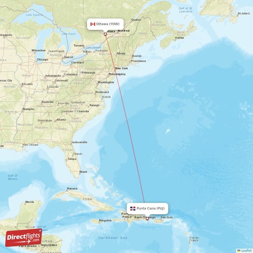 Punta Cana - Ottawa direct flight map