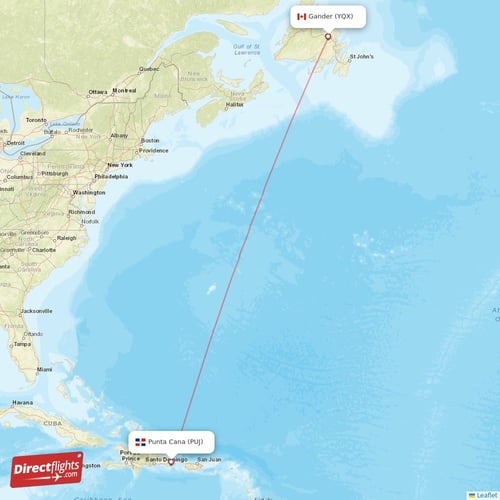 Punta Cana - Gander direct flight map