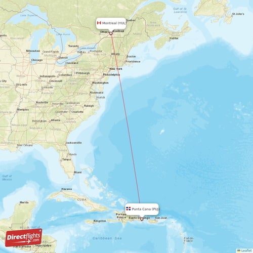 Punta Cana - Montreal direct flight map