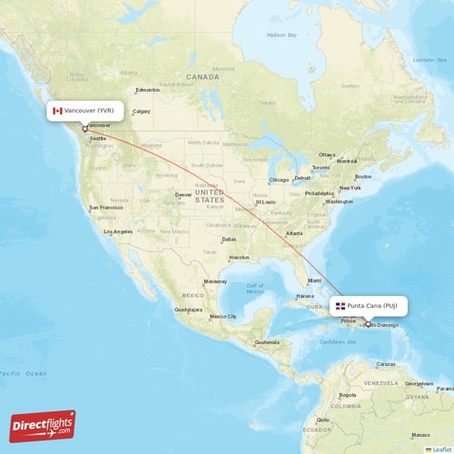 Punta Cana - Vancouver direct flight map