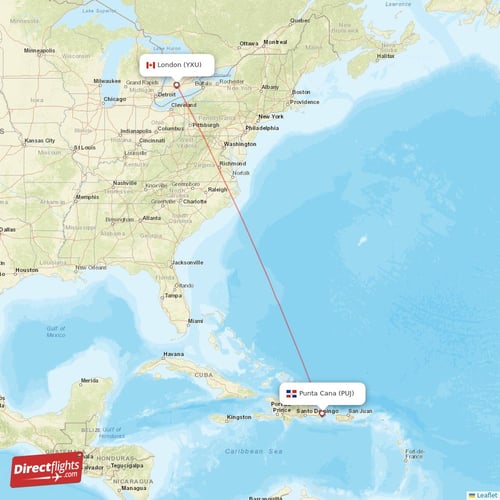 Punta Cana - London direct flight map