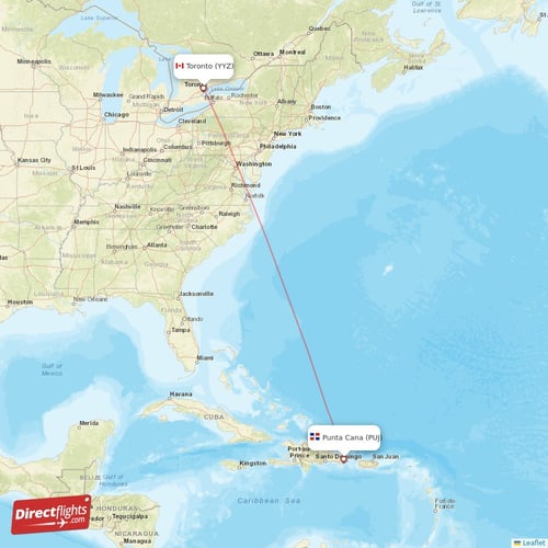Punta Cana - Toronto direct flight map