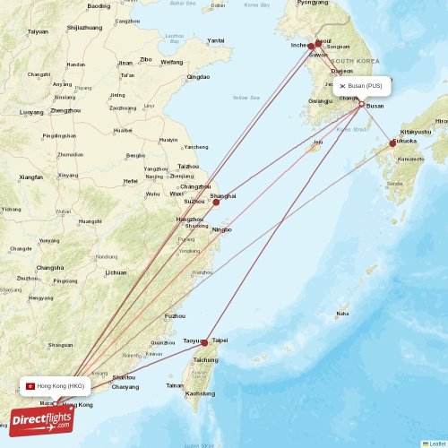 Busan - Hong Kong direct flight map