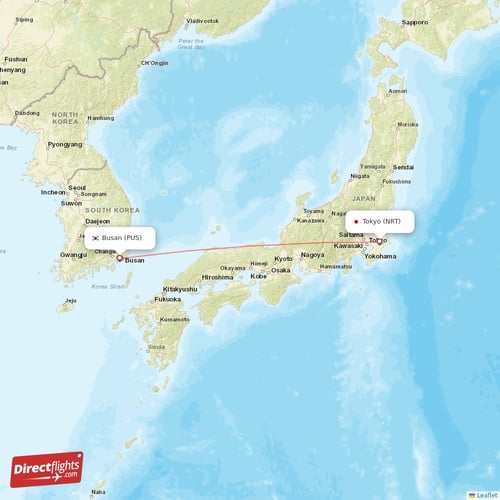 Busan - Tokyo direct flight map