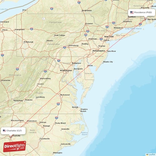 Providence - Charlotte direct flight map