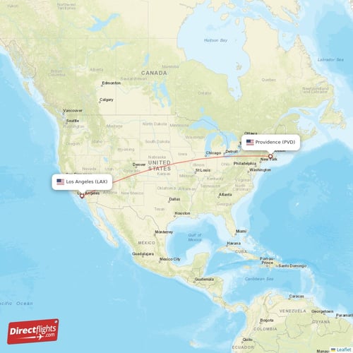 Providence - Los Angeles direct flight map