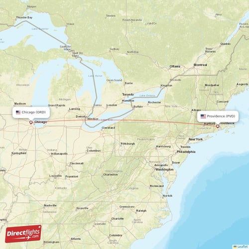 Providence - Chicago direct flight map