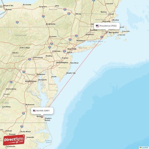 Providence - Norfolk direct flight map